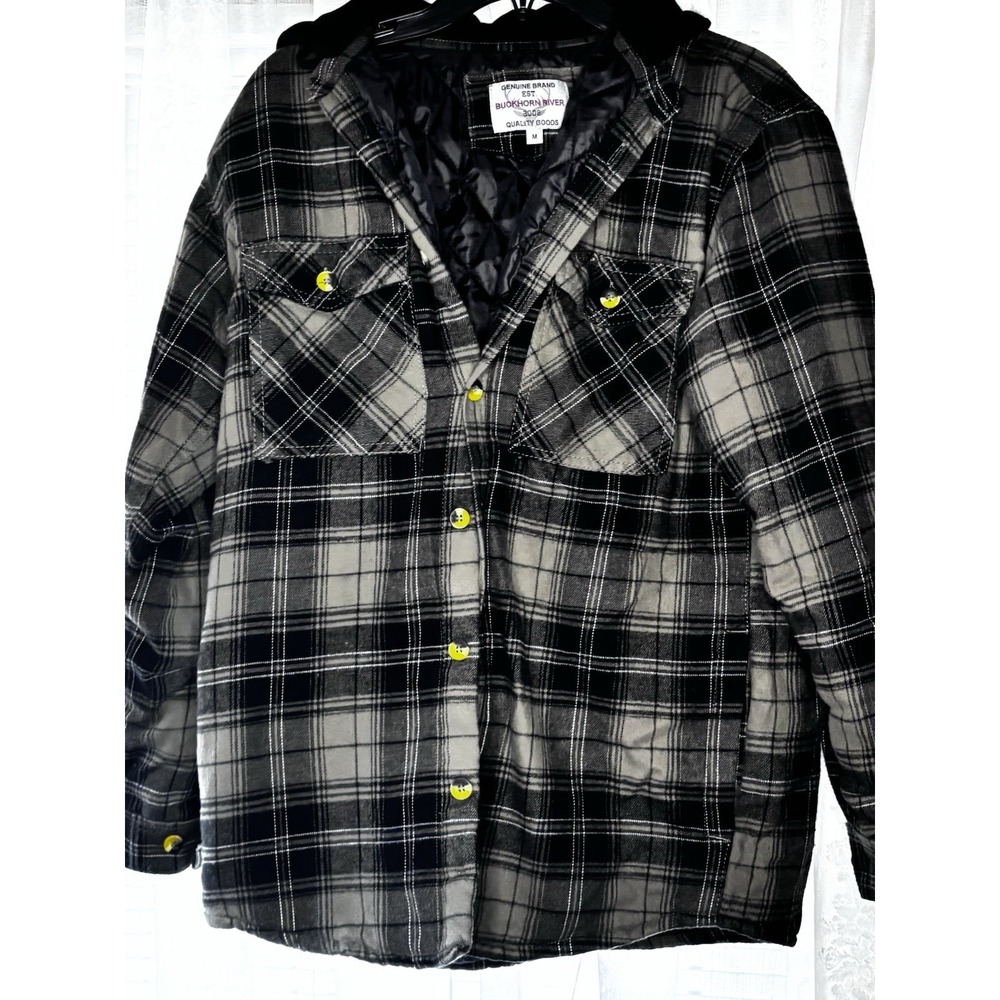 Buckhorn River Men's Flannel with Hood Size Medium Green‎ and Black Plaid Jacket